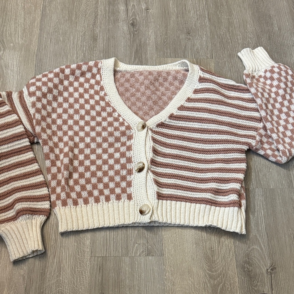 Cropped Pink Cream Check & Stripe Knit Cardigan Sweater